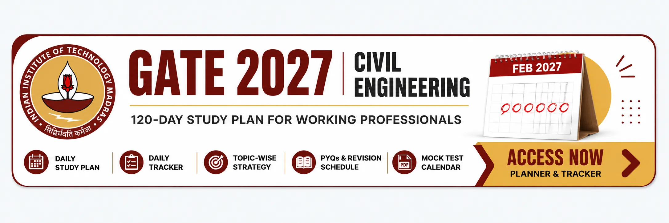 GATE 2027 Civil Engineering 120-day study plan planner and tracker for working professionals with daily study plan, revision schedule, PYQ practice, mock test calendar, and topic-wise strategy